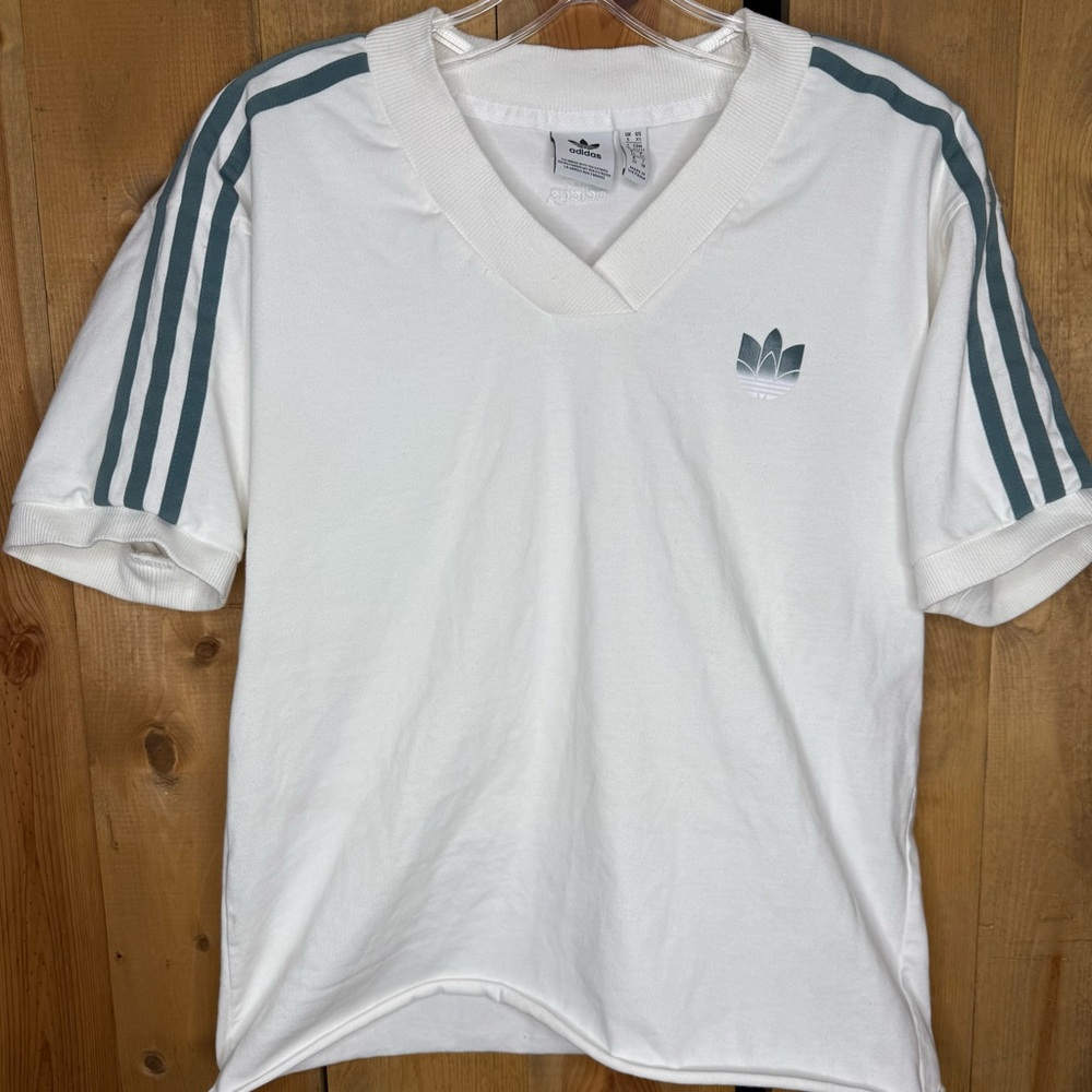 Adidas White V-Neck T-Shirt with Stripes‎